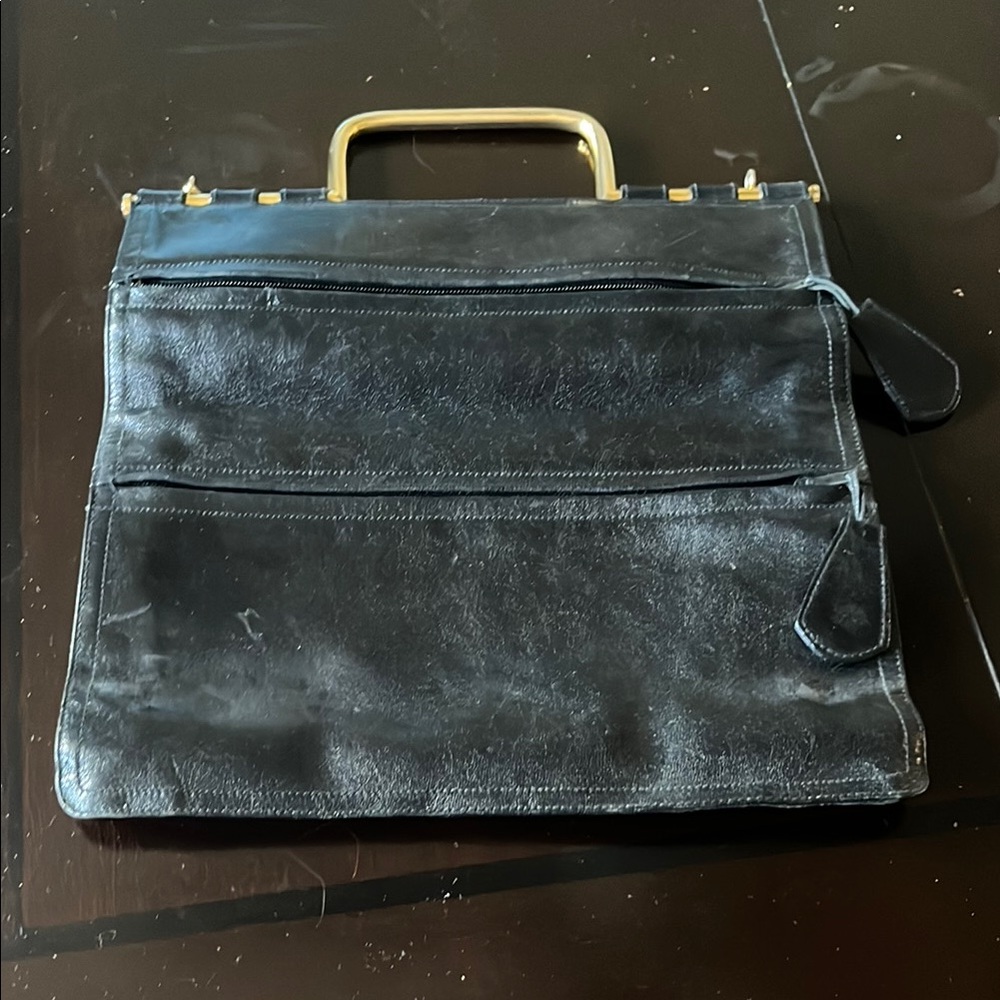 Vintage Black Leather bag with Gold Handle